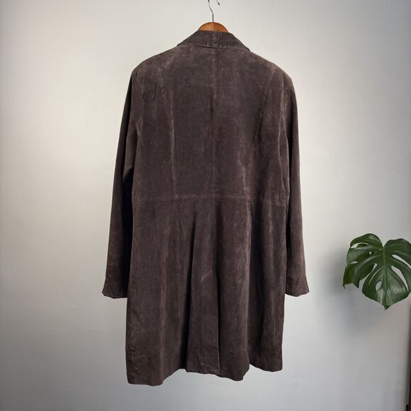Vintage 90s 00s Brown Suede Leather Long Coat, Women's XL Jacket - Picture 13 of 14
